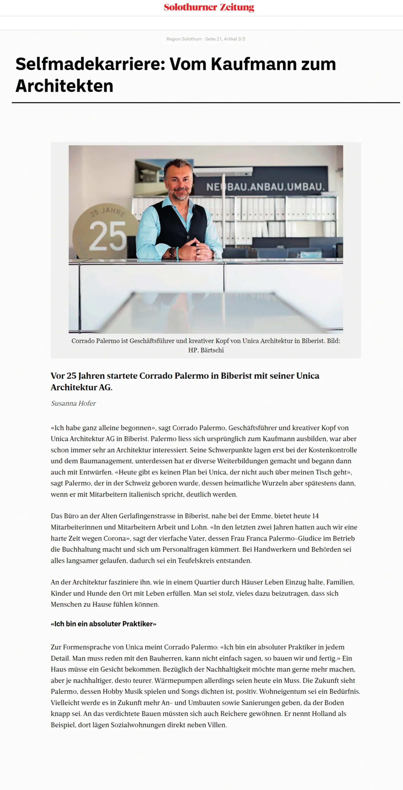 Beitrag in der Solothurner Zeitung: Vom Kaufmann zum Architekten